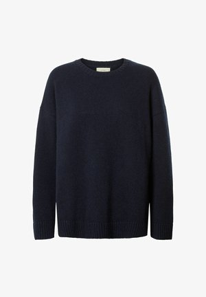 Suéter azul marino hecho de tejido de punto texturizado, con un cuello redondo, hombros caídos y puños y dobladillo de canalé.