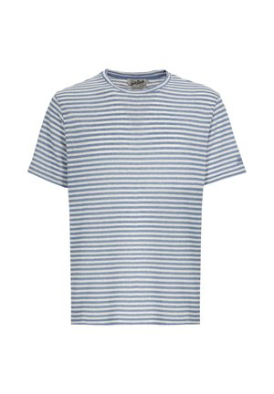 T-shirt a maniche corte con scollo tondo, sottili strisce orizzontali bianche e azzurre, realizzata in tessuto morbido.
