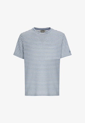 T-shirt met korte mouwen en ronde hals, met dunne horizontale witte en lichtblauwe strepen, gemaakt van zacht materiaal.