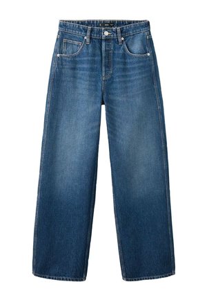 Blaue weite Jeans aus Denim mit fünf Taschen und Gürtelschlaufen, vorne mit Knopf- und Reißverschluss.