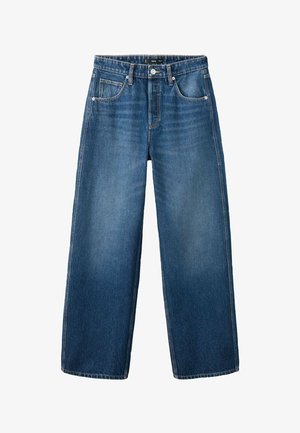 Blauwe denim jeans met brede pijpen, vijf zakken en riemlussen, voorzien van een knoop- en ritssluiting aan de voorkant.
