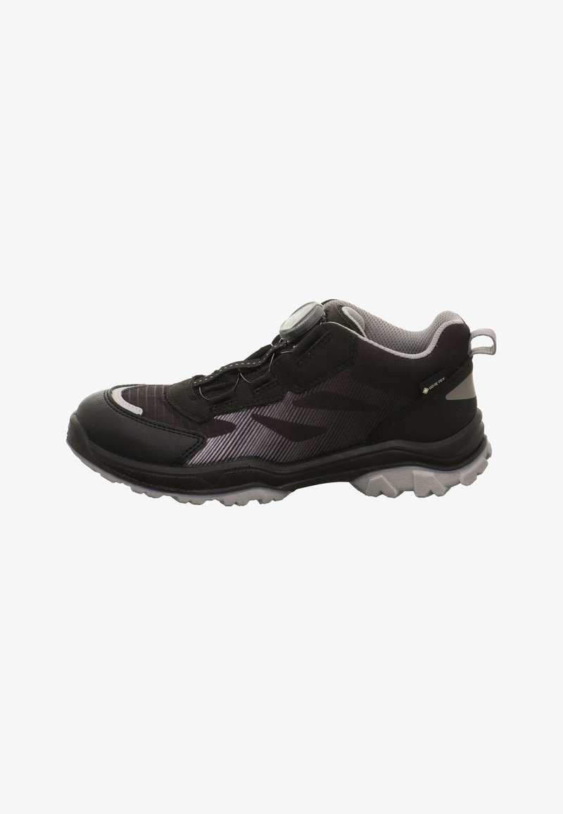 Black and gray waterproof athletic shoe with rugged sole, mesh lining, and dial closure system, viewed from the outer side.