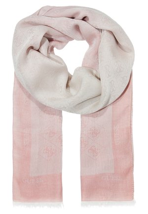 Écharpe en tissu doux rose clair et crème avec des motifs de logos subtils et des bords frangés.