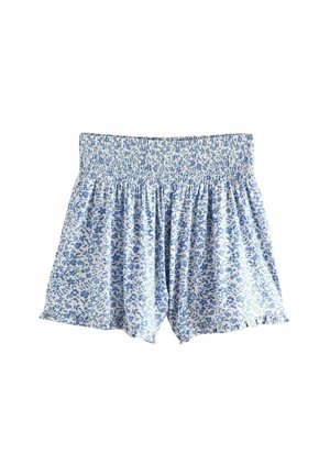 Lyseblå og hvide shorts med blomsterprint, bred elastisk talje og løst, luftigt stof.