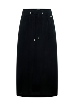Jupe noire longueur genou avec taille élastique et cordon à l'avant avec embouts métalliques, avec un petit détail logo en métal près de la taille.