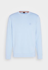 Sudadera azul claro hecha de un tejido suave, con cuello redondo ribeteado, mangas largas y un pequeño emblema de logo en el pecho.