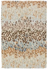 Leopard print fabric with beige, brown, and blue colors. Smooth texture, featuring abstract animal patterns in horizontal stripes.