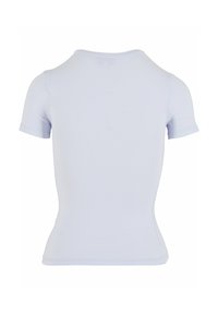 Lyseblå kortermet topp med tettsittende design, laget av elastisk materiale, med rund hals og jevn tekstur.