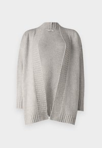 Lys grå cardigan laget av mykt strikket materiale. Har åpen front, droppede skuldre, ribbet kant og teksturert søm.