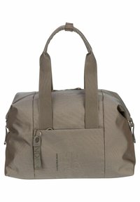 Borsa da viaggio in tessuto beige con due manici corti, apertura con zip e tasca esterna; presenta un materiale testurizzato e dettagli con logo.
