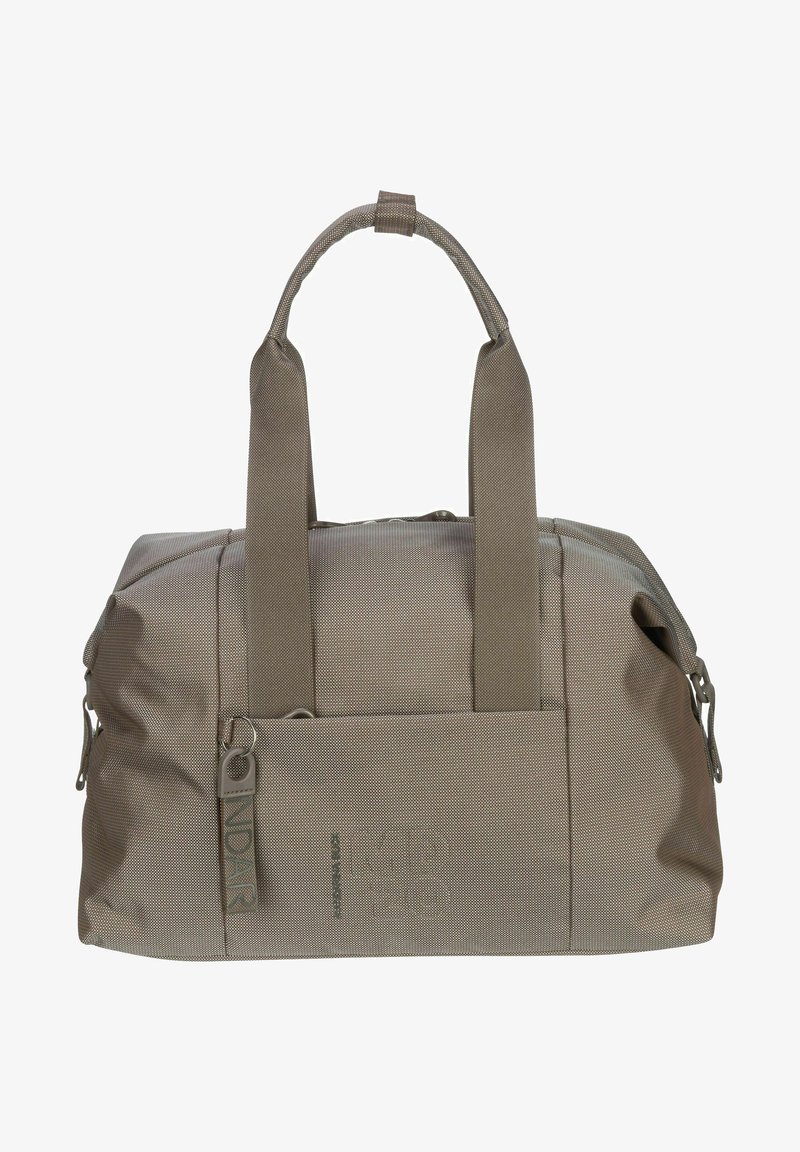 Borsa da viaggio in tessuto beige con due manici corti, apertura con zip e tasca esterna; presenta un materiale testurizzato e dettagli con logo.