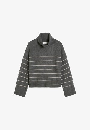 Grijze coltrui gemaakt van zacht gebreid materiaal, met horizontale witte strepen. Verkorte stijl met lange mouwen en een ontspannen pasvorm.