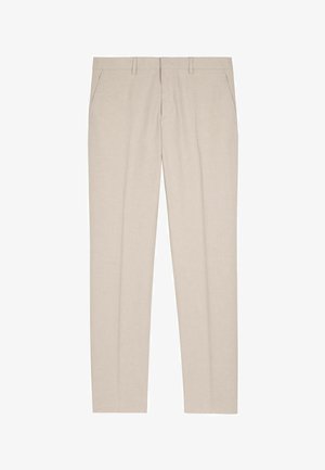 Pantalons taillés beiges avec une jambe droite, en tissu léger, deux poches avant et un design plat à l'avant. Pas d'embellissements visibles.