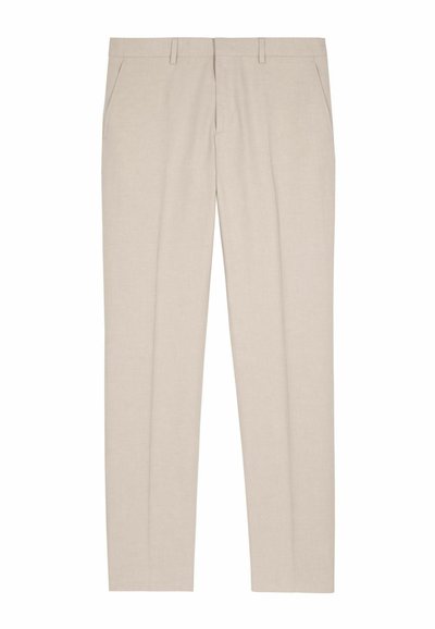 Beige maßgeschneiderte Hosen mit geradem Bein, leichtem Stoff, zwei Fronttaschen und flachem Vorderdesign. Keine sichtbaren Verzierungen.