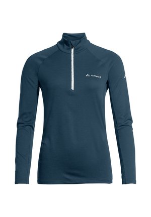Donkerblauw sportshirt voor dames met lange mouwen, witte kwart rits en Vaude-logo op de borst en linkermouw, hoge kraag.
