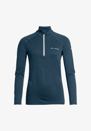 Donkerblauw sportshirt voor dames met lange mouwen, witte kwart rits en Vaude-logo op de borst en linkermouw, hoge kraag.