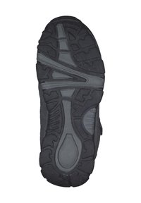 Suela de calzado negra con profundos surcos, patrones texturizados y material de goma con una plantilla intermedia integrada para un mejor agarre y durabilidad.