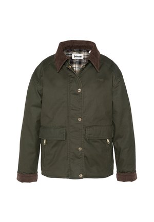 Veste verte avec col et poignets en velours côtelé marron, fermeture bouton et zip à l'avant, deux poches avant à rabat, et doublure intérieure à carreaux.