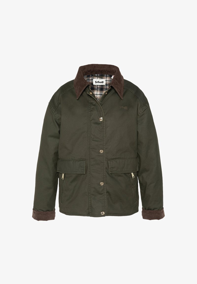 Veste verte avec col et poignets en velours côtelé marron, fermeture bouton et zip à l'avant, deux poches avant à rabat, et doublure intérieure à carreaux.