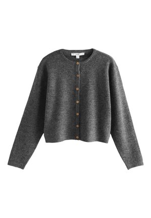 Cardigan en laine gris charbon à manches longues, col rond, avec sept boutons marron sur le devant.