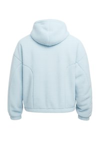 Hellblauer Fleece-Hoodie mit langen Ärmeln, elastischen Bündchen und lockerer Passform, von hinten vor weißem Hintergrund gezeigt.