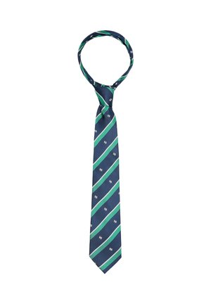 Marineblaue Krawatte mit diagonalen grünen und weißen Streifen und kleinen weißen Blumenmotiven, locker geknotet.
