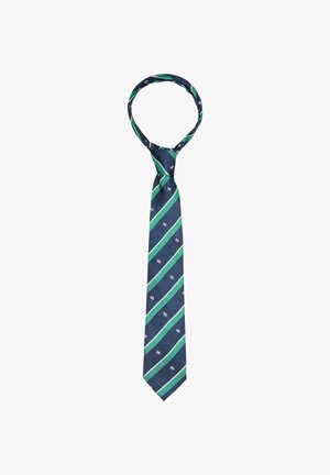 Marineblaue Krawatte mit diagonalen grünen und weißen Streifen und kleinen weißen Blumenmotiven, locker geknotet.