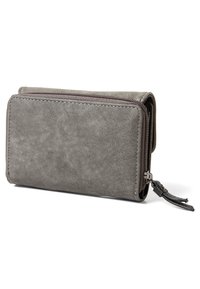 Gray suede wallet with a zippered closure, featuring a textured surface, smooth edges, and a small decorative tassel attached.
