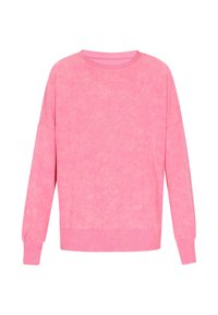 Felpa rosa realizzata in un tessuto morbido. Presenta un collo rotondo, maniche lunghe e polsini a coste. Ha una finitura leggermente testurizzata.