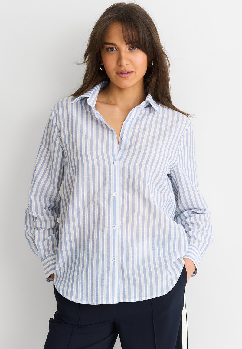 Lightweight, button-up shirt in blue and white vertical stripes. Features a spread collar and long sleeves with roll tabs. Soft, breathable fabric.