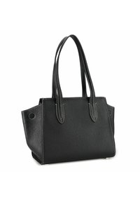 Borsa a mano in pelle nera con design strutturato, doppie maniglie e cuciture bianche. Presenta una superficie testurizzata e un'apertura superiore con cuciture laterali.