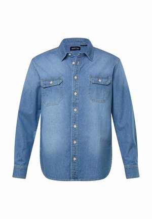 Jasnoniebieska koszula z denimu zapinana na guziki, z kołnierzykiem, dwiema kieszeniami na piersi i zapięciem na guziki. Posiada prosty dół i długie rękawy.