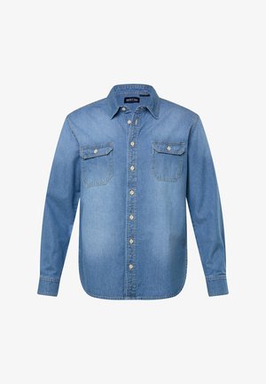 Hellblaues Jeanshemd mit Kragen, zwei Brusttaschen und Knopfverschluss. Verfügt über einen geraden Saum und lange Ärmel.