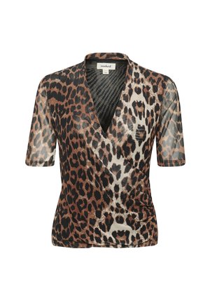 Zavijač z leopardjim vzorcem iz prosojnega materiala s kratkimi rokavi, ki ima globok V-izrez in nabran detajl na pasu.