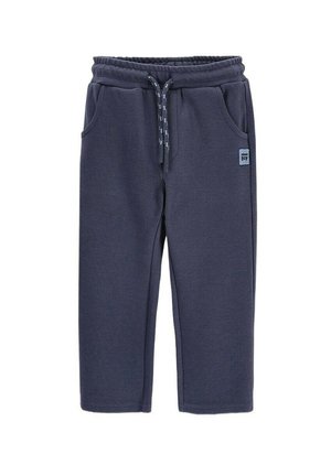 Navy blue children's sweatpants with elastic waistband, drawstring, side pockets, and a small logo patch on the right pocket.