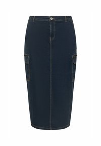 Czarna spódnica z ciemnego denimu o prostym kroju, z przednimi kieszeniami oraz dwiema kieszeniami cargo po bokach. Widoczne żółte szwy i zapięcie na guzik.