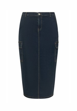 Mørk denimnederdel med lige snit, der har forlommer og to sidelommer i cargo-stil. Synlige gule sømme og knaplukning.