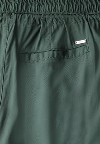 Green fabric shorts featuring an elastic waistband, smooth texture, and a back pocket with a metal label.