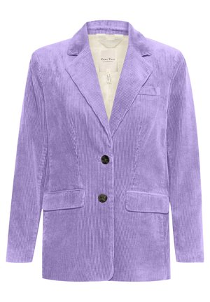 Lavender corduroy blazer with a notch lapel, two front pockets, and black buttons. Features vertical ribbed texture and tailored fit.