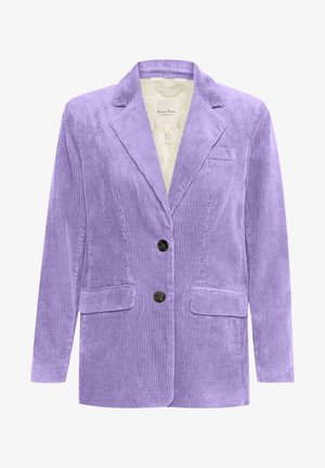 Lavendeli värvi kaliko bleiser, millel on lõikega krae, kaks esivakku ja mustad nööbid. Omab vertikaalselt ribastatud tekstuuri ja sobib suurepäraselt.