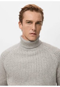 Grijze geribbelde coltrui met een hoge kraag en raglanmouwen, vervaardigd van textuurgaren. Geplaatst tegen een effen achtergrond.