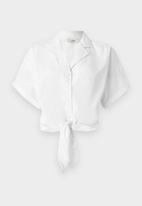 Camicia bianca a manica corta con colletto e nodo anteriore, con risvolti e tessuto leggero.