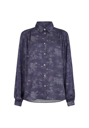 Marineblaue Langarm-Hemdenbluse mit dezentem weißen Blumen- und Landschaftsprint, spitzem Kragen und gerafften Manschetten.