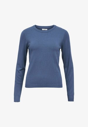 Pull bleu à manches longues en tricot doux. Il présente un col rond et des poignets et un ourlet côtelés. Texture lisse avec une couleur unie.