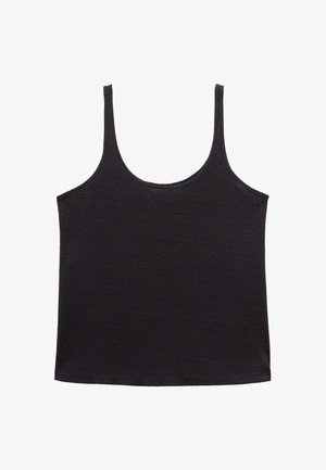 Schwarzes Tanktop aus einem weichen, leichten Material. Mit Rundhalsausschnitt und dünnen Trägern, gerade geschnittenem Saum und ohne Muster oder Akzente.