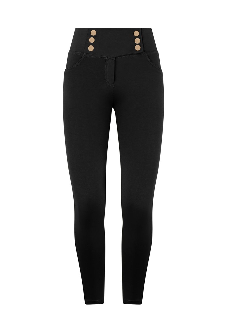 Leggings negros de cintura alta hechos de tela elástica, con botones dorados en la cintura y dos bolsillos laterales. Textura suave en toda su superficie.