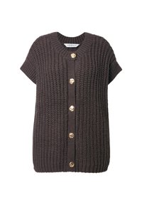 Maglione lavorato a maglia marrone scuro con maniche corte, caratterizzato da un collo rotondo e bottoni dorati sul davanti. Tessuto a coste testurizzato.