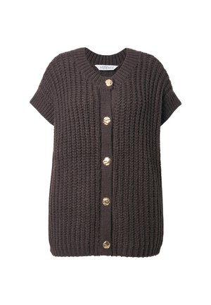 Maglione lavorato a maglia marrone scuro con maniche corte, caratterizzato da un collo rotondo e bottoni dorati sul davanti. Tessuto a coste testurizzato.