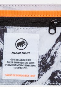 Mammut accessory with gray and black mountain pattern, featuring a prominent logo tag, orange zipper accent, and durable textile material.