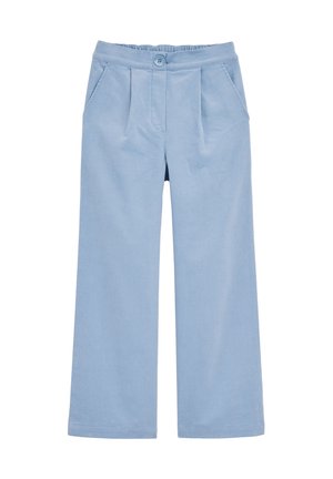 Pantalones de pernera ancha en azul claro, hechos de tela suave. Incluyen dos bolsillos frontales, cierre de botón y detalles plisados en la cintura.